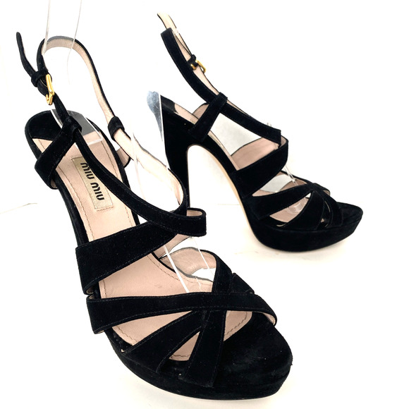Miu Miu Slingback Platform Sandal Black Suede Cage Peep Toe Slim Heel St… - Picture 3 of 8